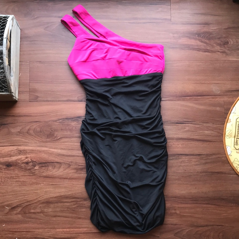 Speechless Hot Pink and Black Ruched One-Shoulder Bodycon Dress, Size Small